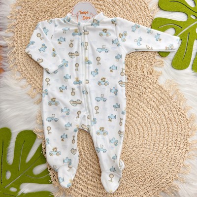 Macacão em Soft com Abertura em Zíper Ursinho de Pelúcia Aviador - Off White e Azul 